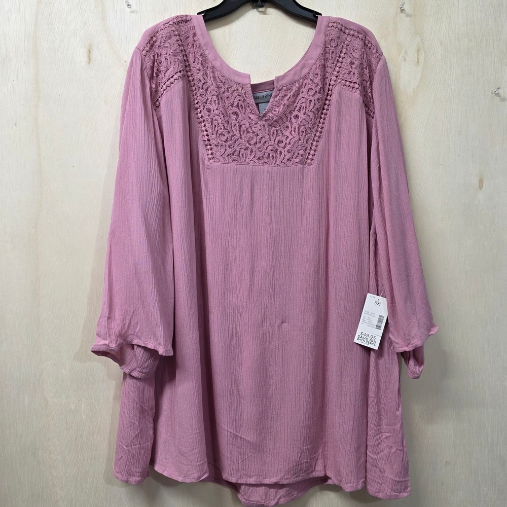 Catherines Womens 5X Dusty Rose Crochet Lace Split Neck Viscose Gauze Blouse